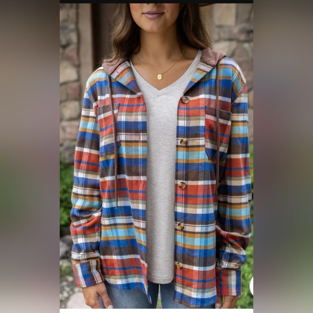 Grace and Lace - Stretch Flex Denim/Rust Plaid Hooded Shacket